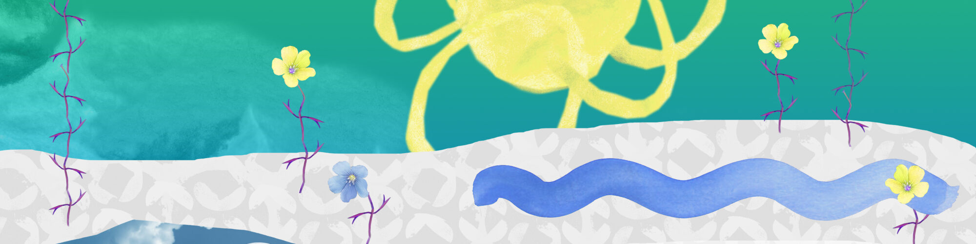 collage illustration en sol och blommor i grönt gult och grått